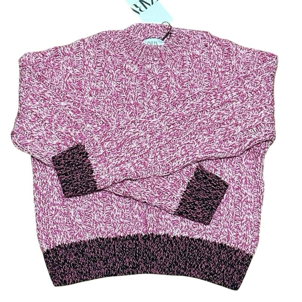 Zara Girls NWT Cableknit Pink Marled w Purple Banded Hem Pullover Sweater 11-12
